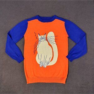NWOT Oxknit Womens Orange Cat Sweater Sz (L) Long Sleeve By Agathe Singer *Rare